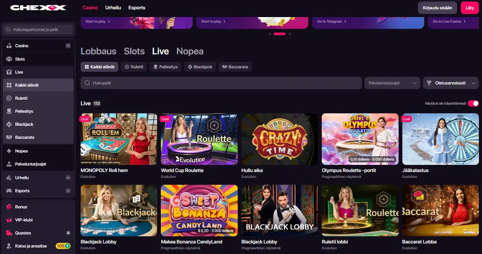 CHEXX Live Casino -näkymä, jossa näkyy livepöytiä ja kategorioita