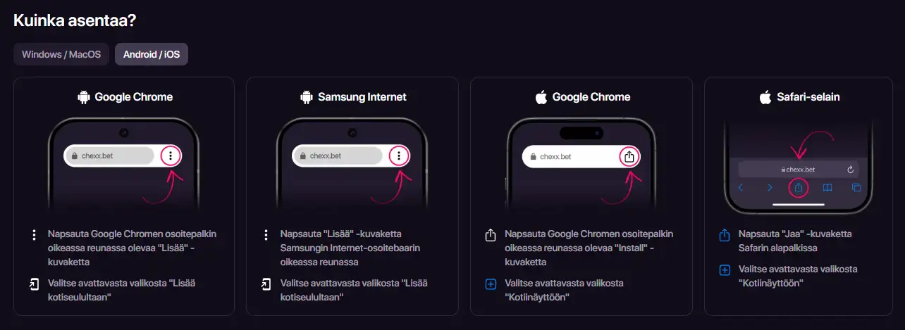 CHEXXin virallinen PWA-asennussivu mobiililaitteen selainohjeineen