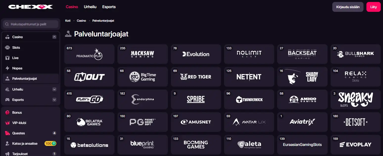 CHEXXin All Providers -valikko ja pelivalmistajien logot