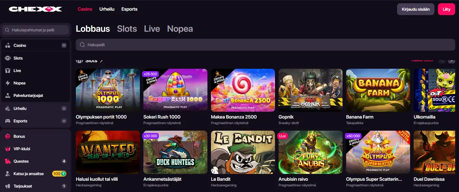 CHEXX Casinon virallinen peliaula ja kategoriavalikko