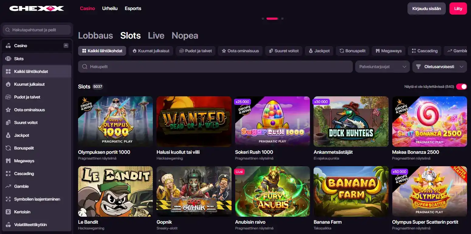 CHEXXin Slots-näkymä ja näkyviä kolikkopelejä