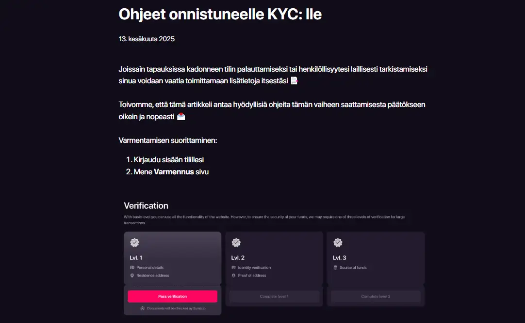 CHEXX Help Centerin aito KYC-osio tai henkilöllisyyden tarkistusta käsittelevä ohje